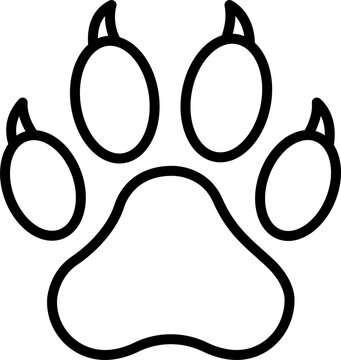 Black outline animal paw print icon with sharp claws isolated on transparent background
