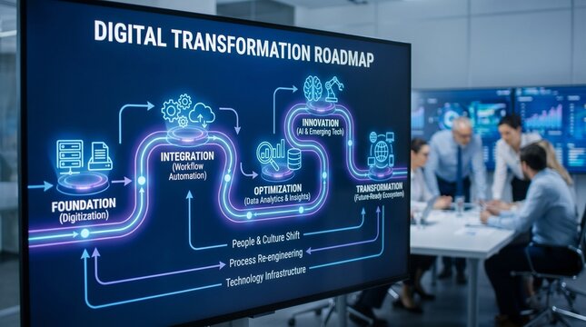Digital transformation roadmap on screen with business team