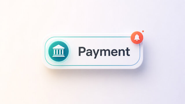 Digital banking online payment notification button with bank icon and notification bell.