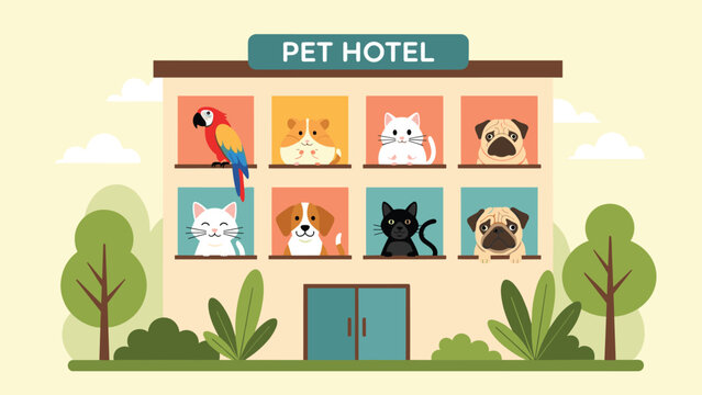 Pet hotel building with cute domestic animals like cats, dogs, a parrot and a hamster looking out of colorful windows.