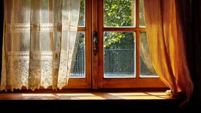 A sunlit window frames views of nature with delicate lace and golden, vertical curtains