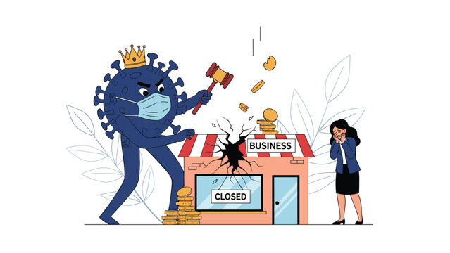 Impact of pandemic on small businesses shown with a coronavirus monster crushing a closed shop while a businesswoman cries nearby.