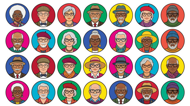 Large pattern grid of colorful avatar circle portraits featuring diverse elderly senior men and women characters.