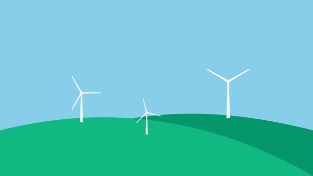 Minimalist illustration of white wind turbines on a bright green grassy hill