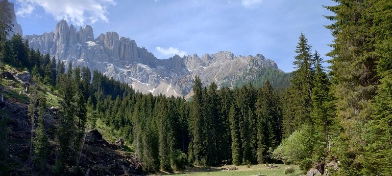 Sentiero delle Perle e pascolo di Mittelleger ai piedi del massiccio del Latemar nelle Dolomiti