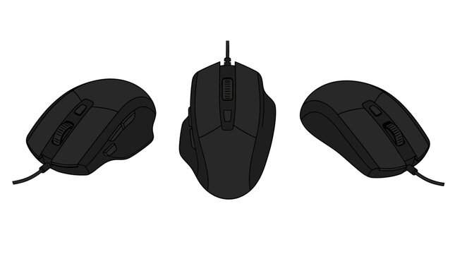 Isometric black computer mouse isolated on white background viewed from three different perspective angles.