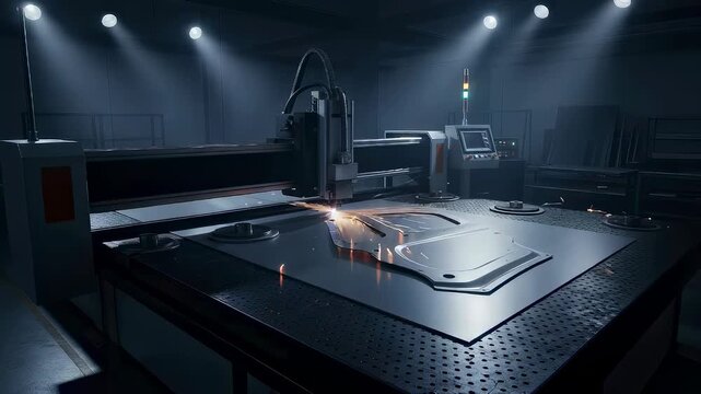 Cnc laser cutter machine processing metal sheet in industrial factory. Automated manufacturing system cutting steel part. Modern heavy metalwork technology concept.