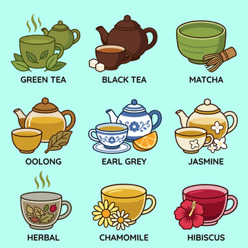 Collection of various tea types icons with matching teapots and cups including green tea, matcha and chamomile.