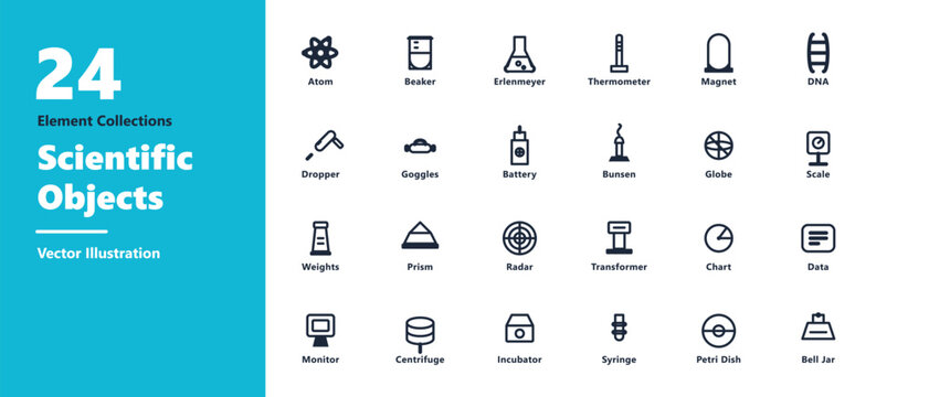 Comprehensive set of twenty four minimalist black scientific icons arranged in a clean grid layout design