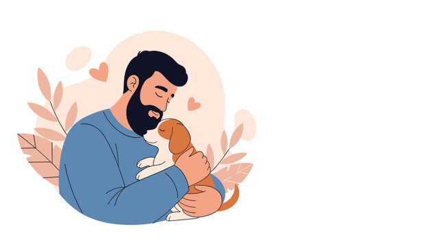 Affectionate man closing his eyes while tenderly hugging his cute beagle puppy against a soft natural background with hearts.