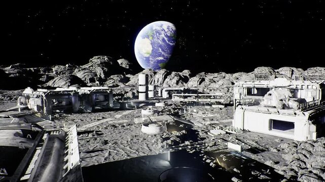 Lunar base under earthrise, panoramic modular habitats with reflective pools and command modules, remote engineering workstations and maintenance bays, rugged