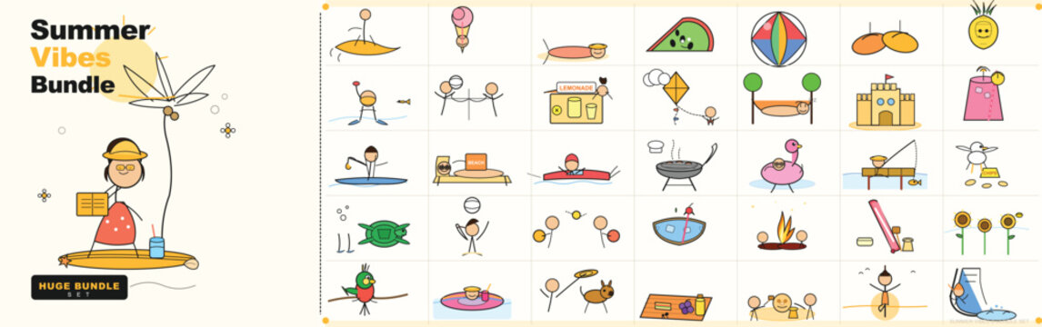 Collection of colorful hand drawn stick figure summer vacation icons featuring various fun beach activities