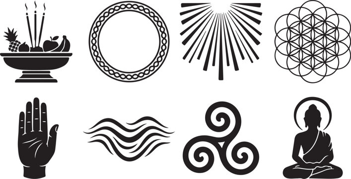 Buddhist, spiritual, yoga, meditation icons, symbols, set of 8, black and white