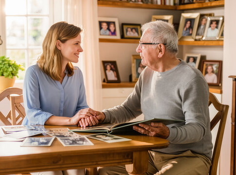 Meaningful conversation between adult daughter and elderly father during reminiscence therapy