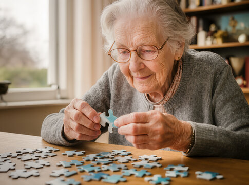 Elderly woman maintaining cognitive health through puzzle activity