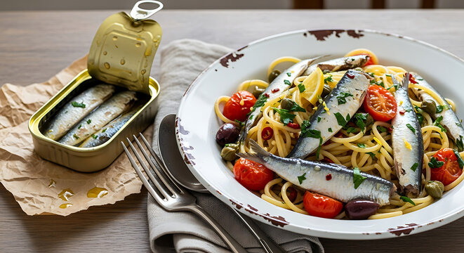 Gourmet Spaghetti Pasta with Canned Sardines Lemon and Parsley Served on Aesthetic Ceramic Plate in Sardinecore Aesthetic Trendy Coastal Dining Scene