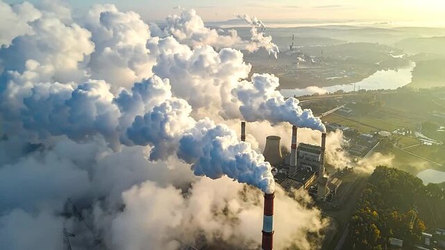Aerial view of a large industrial power plant emitting thick smoke into the sky