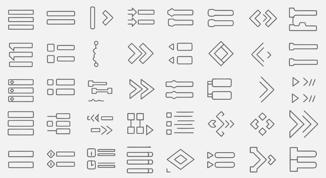 Collection of various UI icons including navigation arrows, menu bars, and geometric shapes, ideal for web and app design
