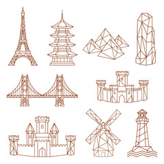 Obraz premium Architectural landmarks and historical monuments in geometric line art design featuring eiffel tower and pagoda.