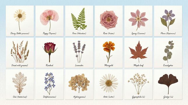 Collection of various pressed dried flowers and leaves isolated on white background