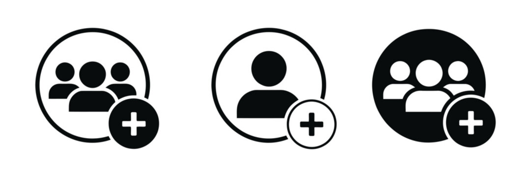 Add New User icon set, Person Profile Avatar with Plus symbol, Male user Profile icons in Black vector style for Account Creation and User Management.