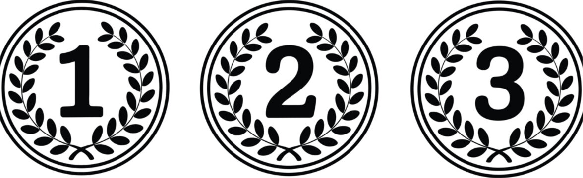 Award medal, icon set, ranking achievement symbols featuring laurel wreaths and first second third place numbers for championship recognition.