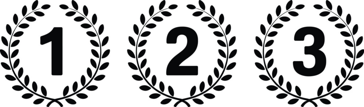 Award ranking set, outline medals with laurel wreaths and first second third place symbols for competition success and achievement awards.