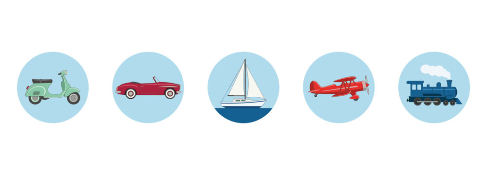 Cute cartoon circular icon set of various classic transport vehicles including vintage scooter, red convertible car, sailboat, retro biplane airplane and steam locomotive train