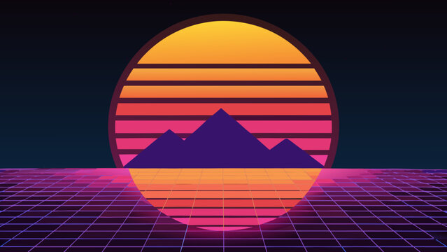 Minimalist retro synthwave sunset landscape with mountain silhouettes synthwave retrowave landscape mountains eighties vaporwave abstract background technology perspective computer