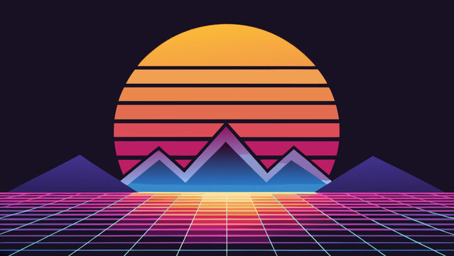 Retro 80s synthwave landscape with glowing sunset and grid horizon synthwave retrowave landscape mountains eighties vaporwave abstract background technology perspective computer creative