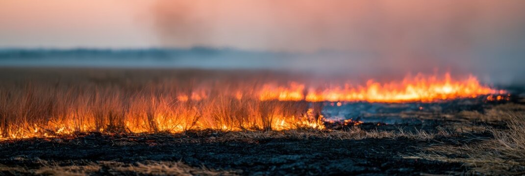 A grassland fire burns through dry vegetation, creating a line of flames and smoke under a hazy sky.