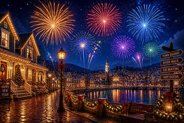 Obraz premium Town square celebrating with fireworks in lakeside village at night