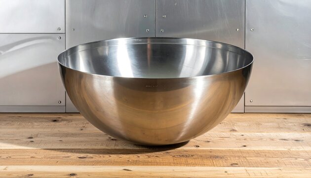 Large, gleaming metal mixing bowl sits on a rustic wooden surface