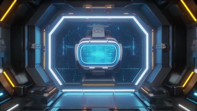 Futuristic spaceship corridor with glowing digital interface monitor showing motion animation in a dark sci-fi setting