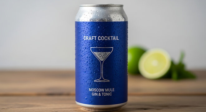 Refreshing Chilled RTD Alcoholic Cocktail in Sleek Aluminum Tin Can, Fizzy Carbonated Mixed Beverage with Water Droplets, Modern Ready to Drink Infused Spirit Soda for Summer Social Leisure.