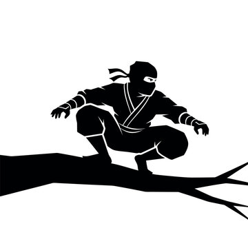 Silhouette of a ninja crouching on a tree branch.