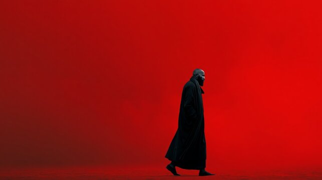 Resilient Muslim Man Standing Firm in Vast Red Void, Symbolic Burden and Inner Strength Concept, Cinematic Fine Art Portrait of Faith, Endurance, Hope and Perseverance