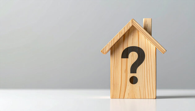 Wooden house model and question mark icon, housing decision dilemma, minimal composition. Mortgage vs rent concept. Close-up.