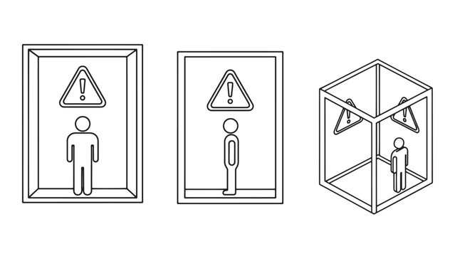 Warning icons with person symbols inside framed panels and transparent cube illustration on black background
