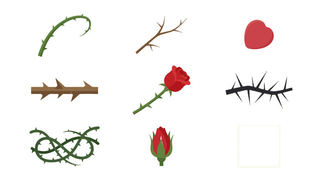Collection of isolated floral elements featuring red roses and thorny branches.