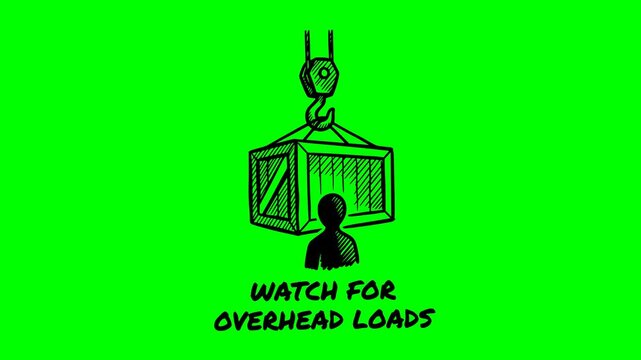 hand drawn industrial safety animation warning about overhead loads for worker protection with a solid chroma key green screen background and pure black fill illustration style