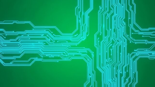 A glowing blue circuit board pattern on a solid green background