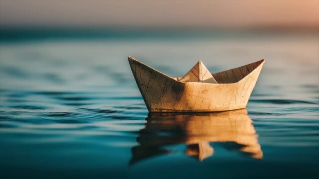 Paper Boat Floating on Calm Water at Sunset