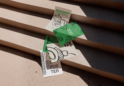 Multiple Folded Posters Stairs Mockup