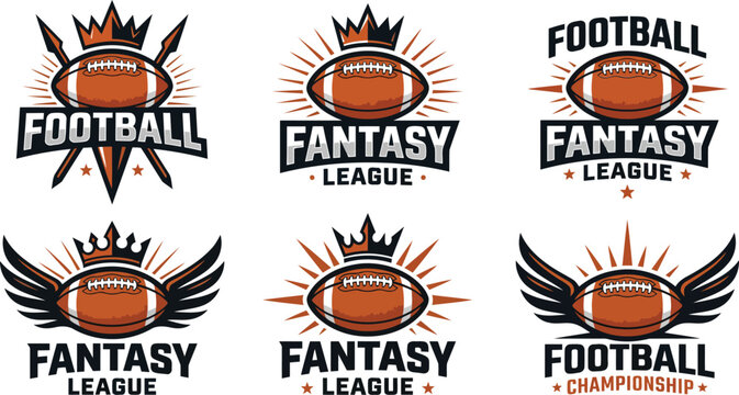 Fantasy Football League Logo Badge Vector Set - American Football Championship Emblem Collection with Crowns, Wings, and Sunburst Elements Isolated on White