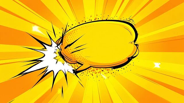 A vibrant yellow speech bubble set against a dynamic sunburst background pattern