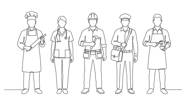 Five workers in different professions standing together.