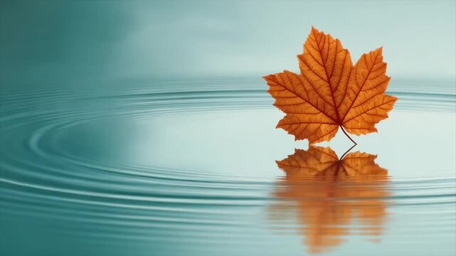 A single orange maple leaf floats above reflecting water, creating ripples. Soft blue gradient background