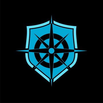 Nautical logo. Compass shield icon isolated on black background