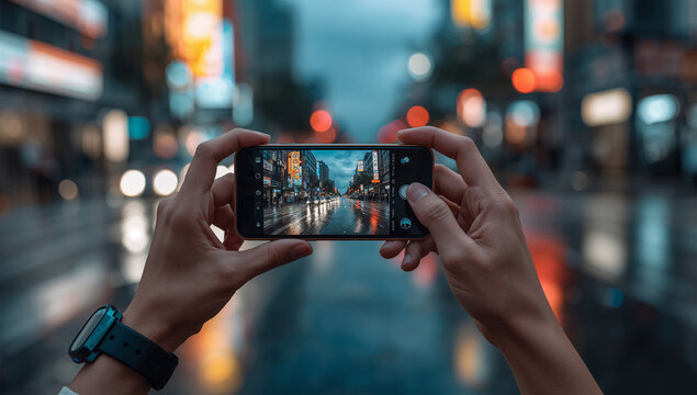 日本人の手が夜の都市でスマートフォン撮影を楽しむ写真